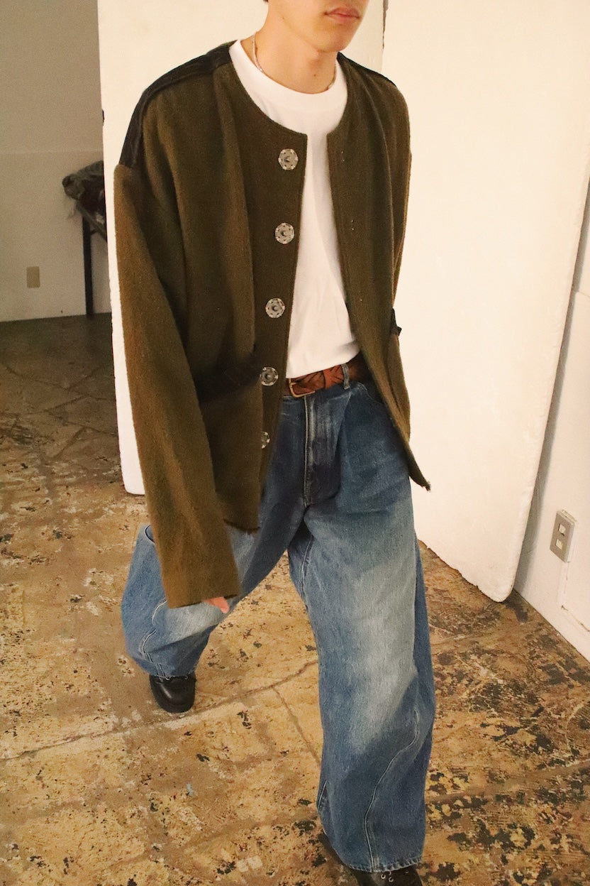 No-collar wool jacket Khaki