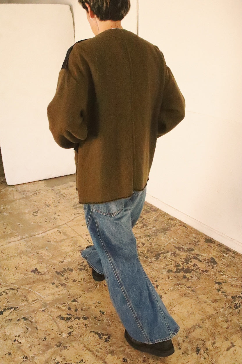 No-collar wool jacket Khaki