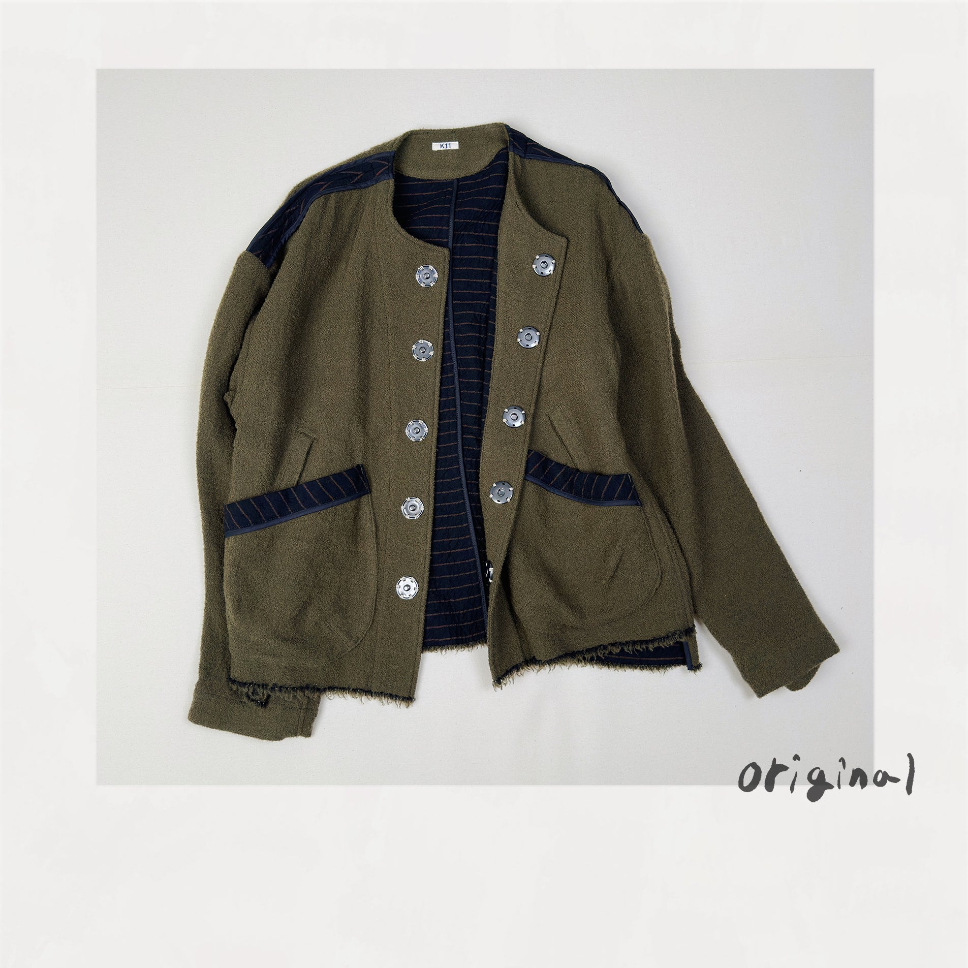 KHOKI No Collar Jacket サイズ2 ネイビー KHOKI】 No collar jacket ¥56,100(tax incl.) . 着用モデル : 身長