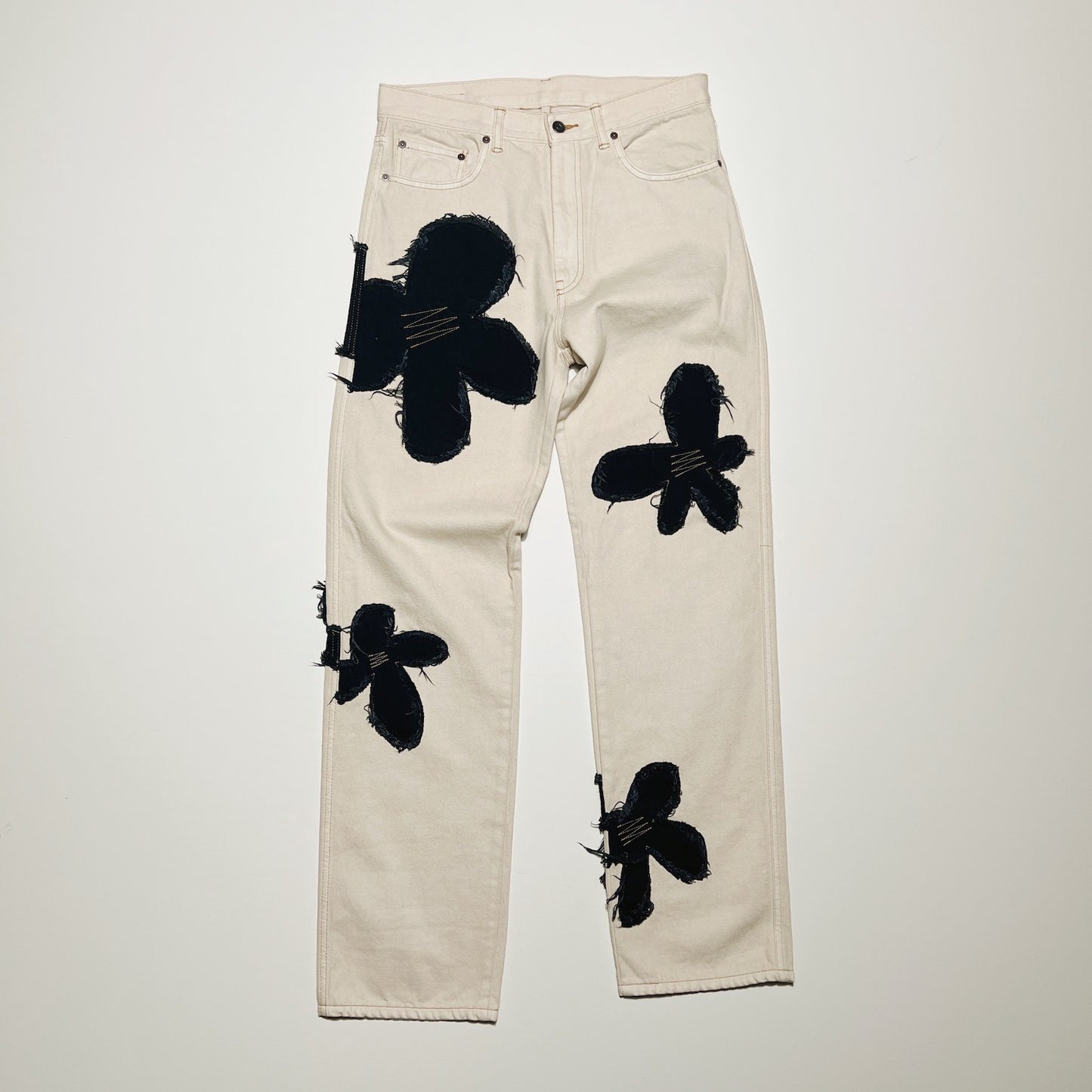 Flower pattern denim pants Beige