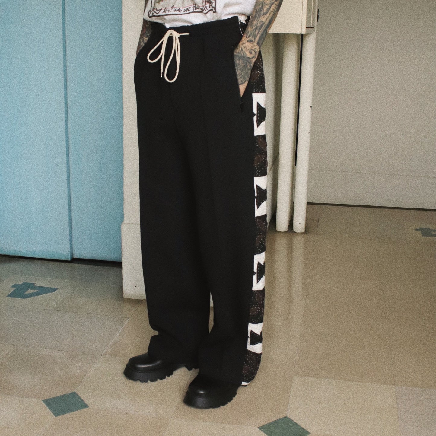 Hand patchwork quilted track pants Black