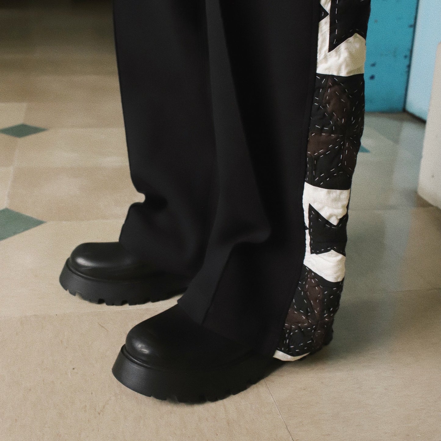 Hand patchwork quilted track pants Black