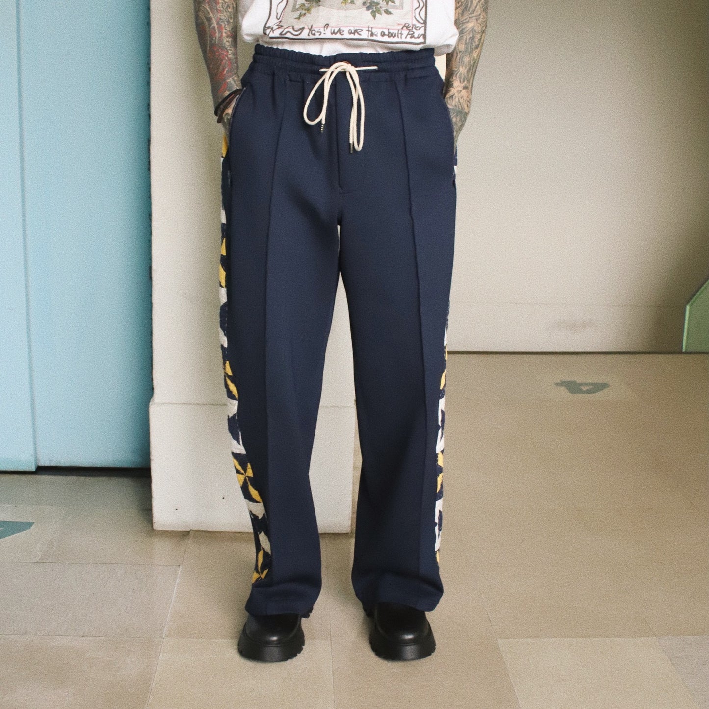 Hand patchwork quilted track pants Navy