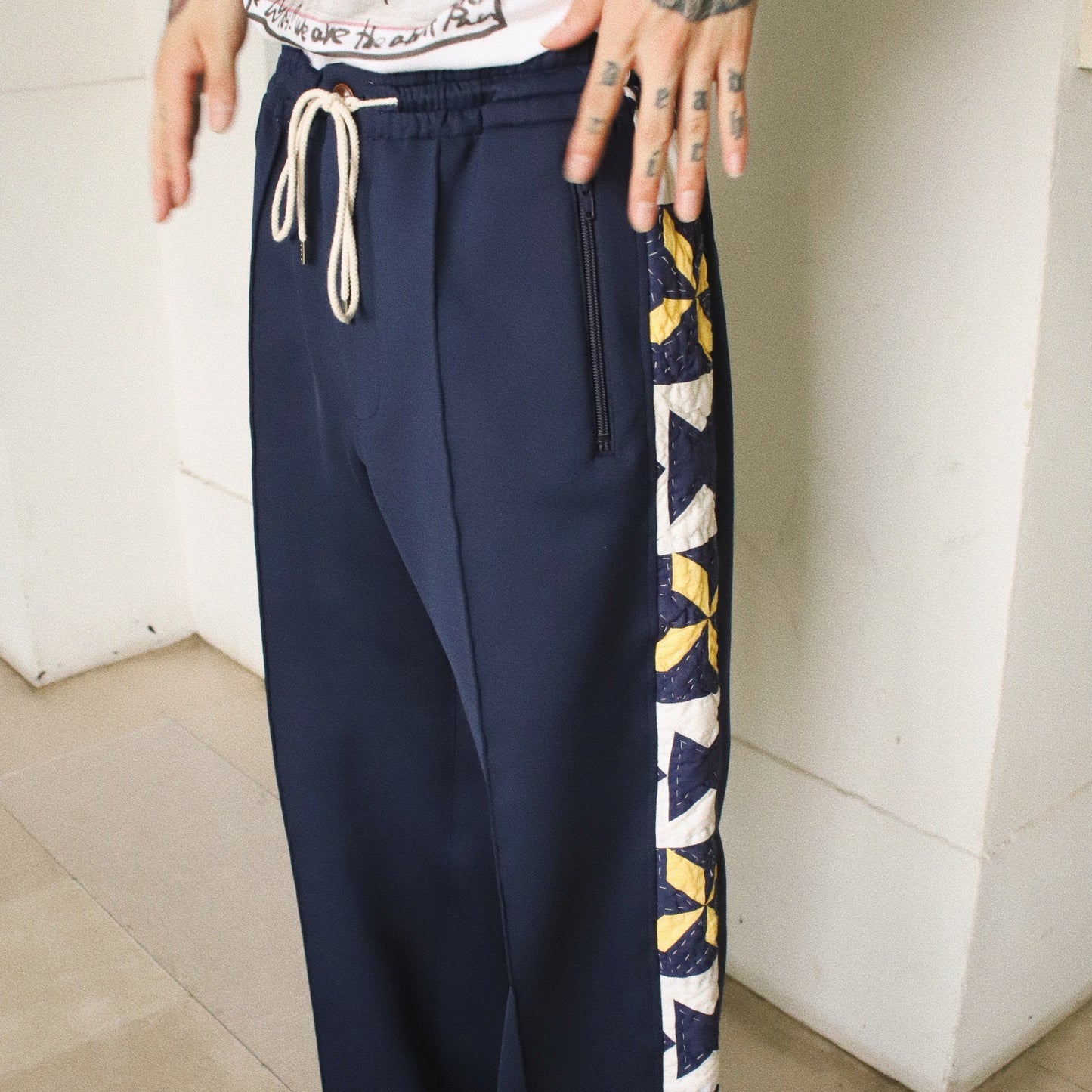 Hand patchwork quilted track pants Navy