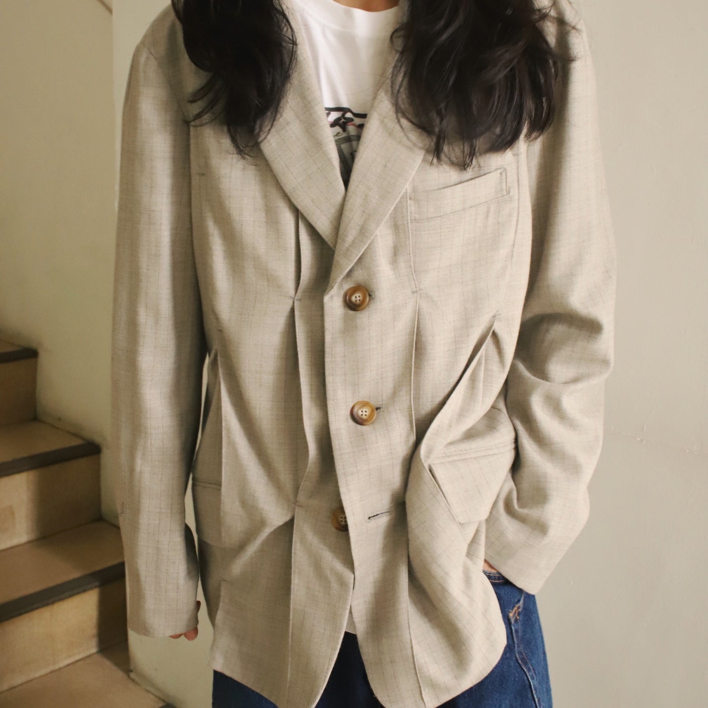 Pleat-detail single-breasted jacket Gray