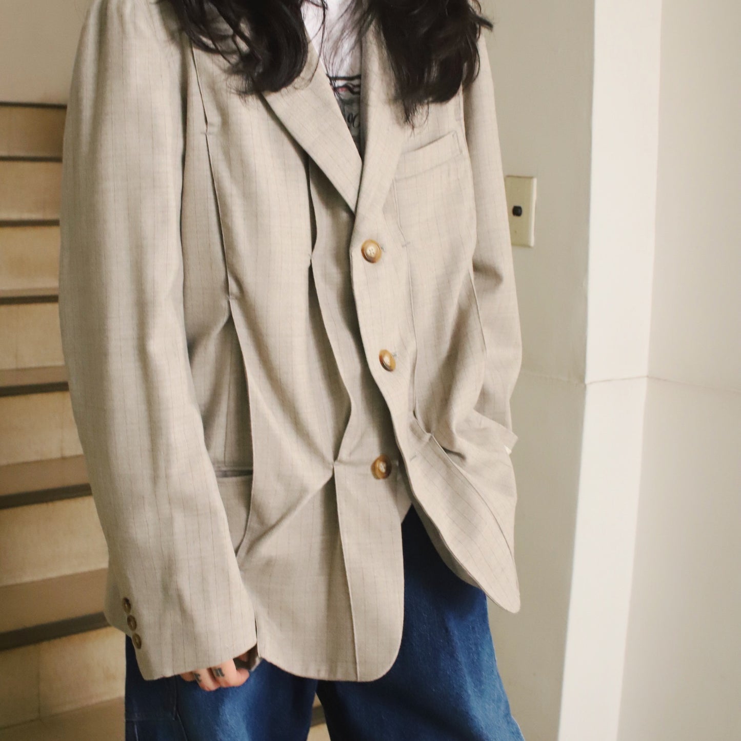 Pleat-detail single-breasted jacket Gray