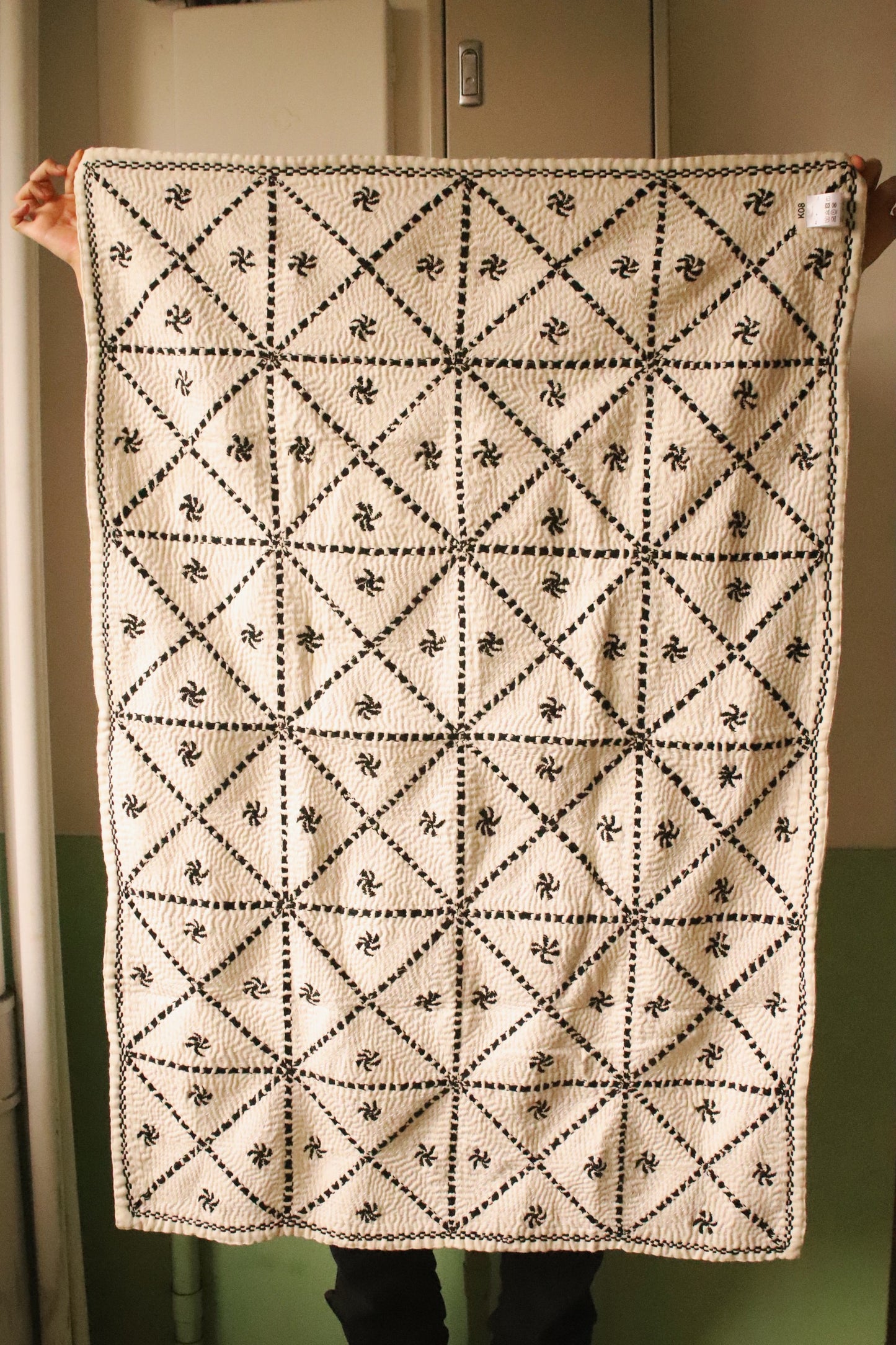 White kantha rug Black