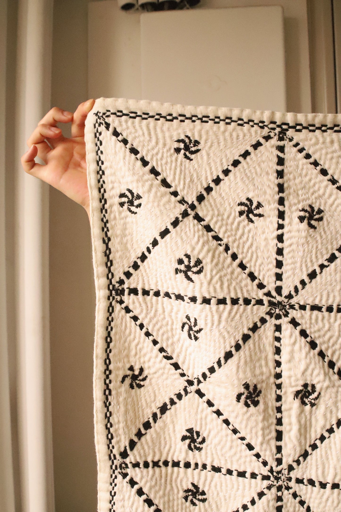 White kantha rug Black