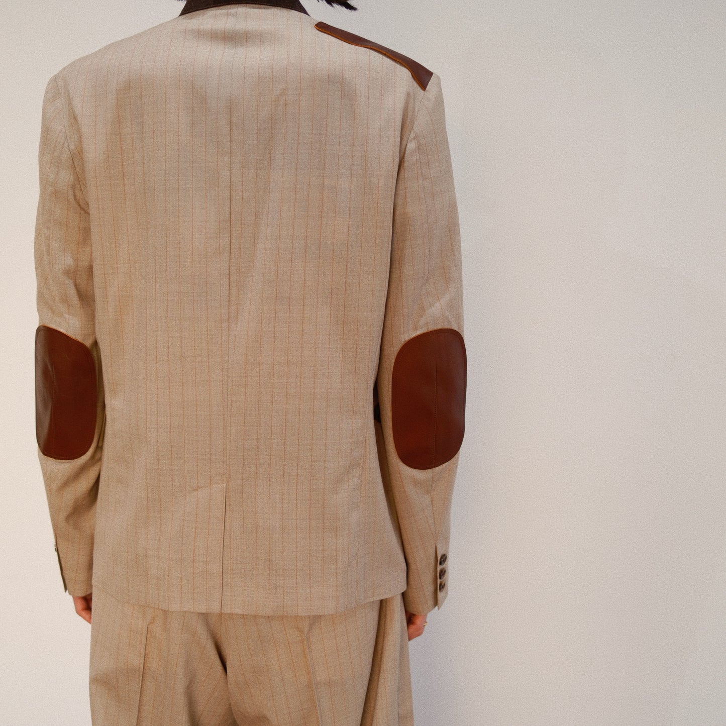 Leather-Patch No-Collar Jacket Beige