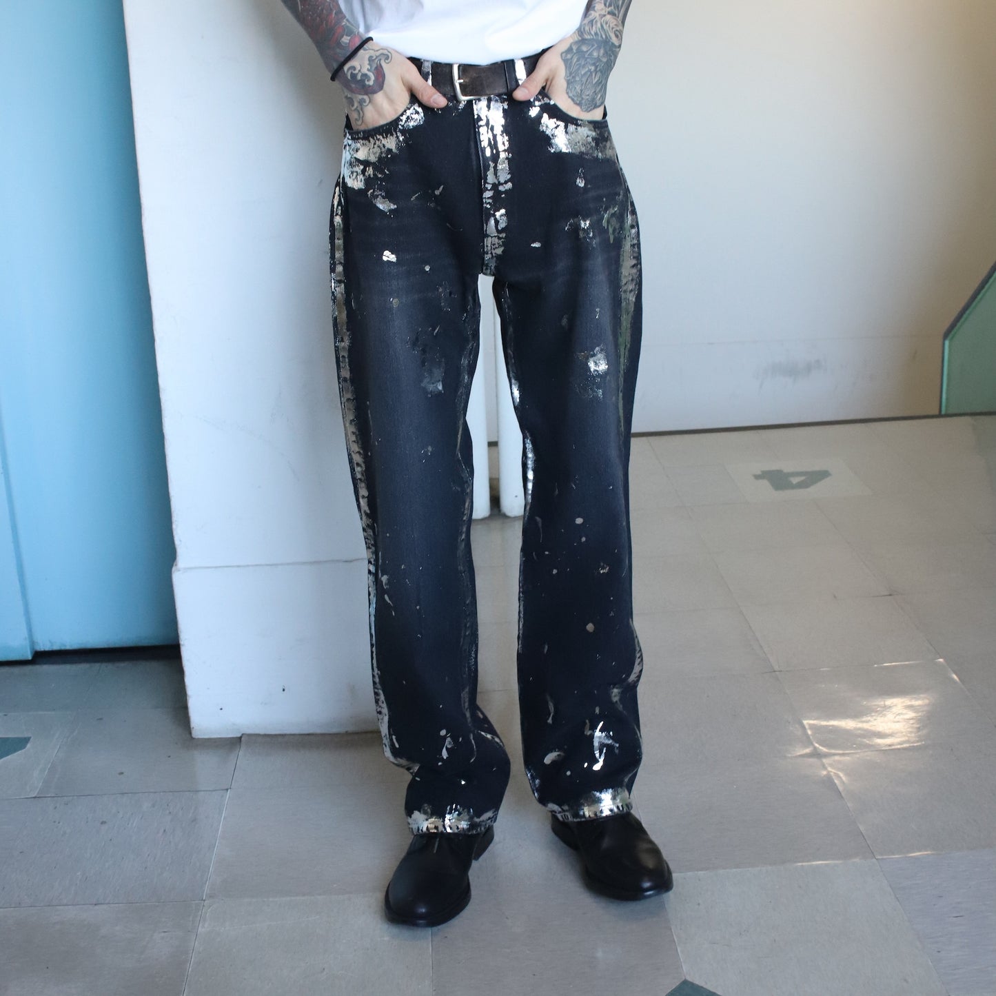 Silver printed pants Black