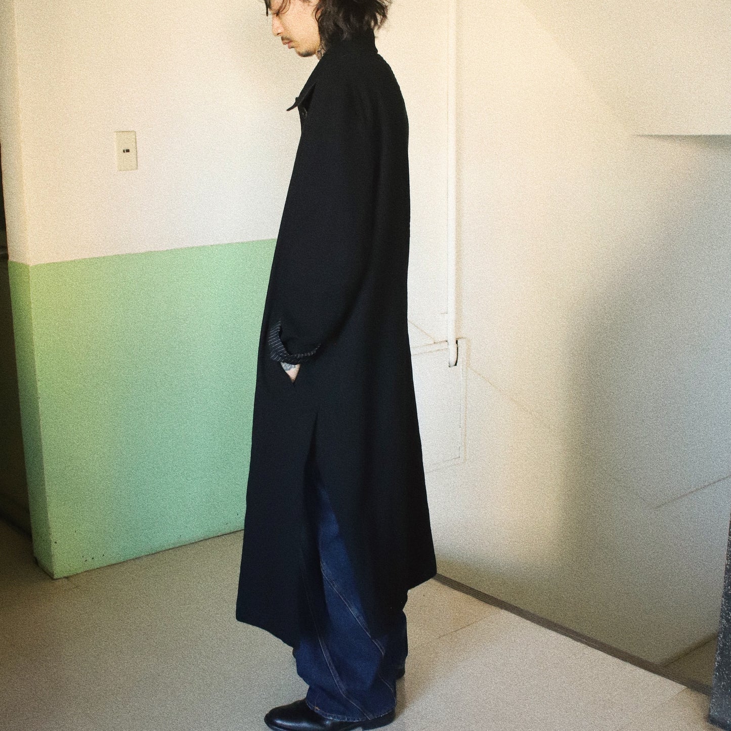 Washed wool coat Black