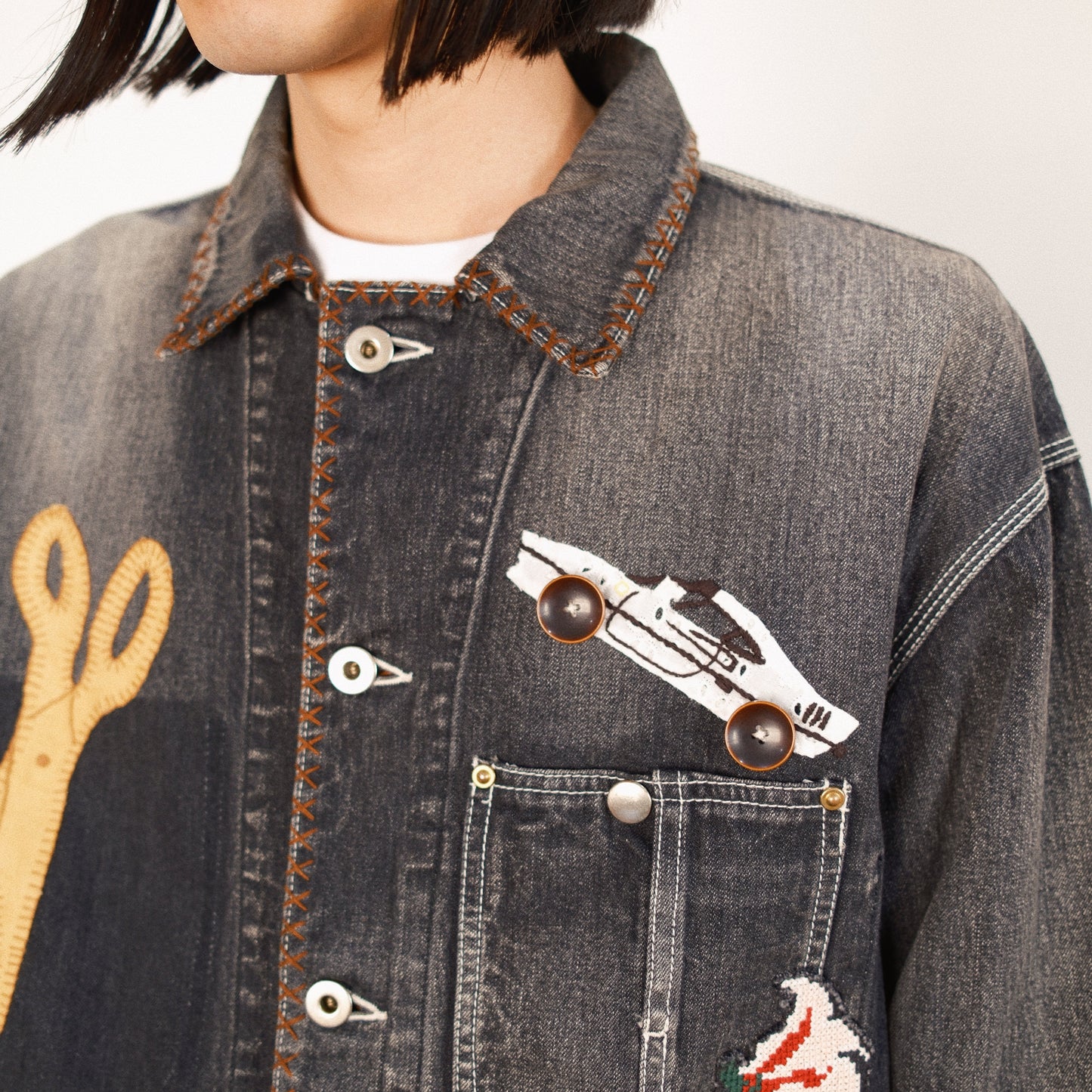 Hand-Embroidered Denim Coverall Black