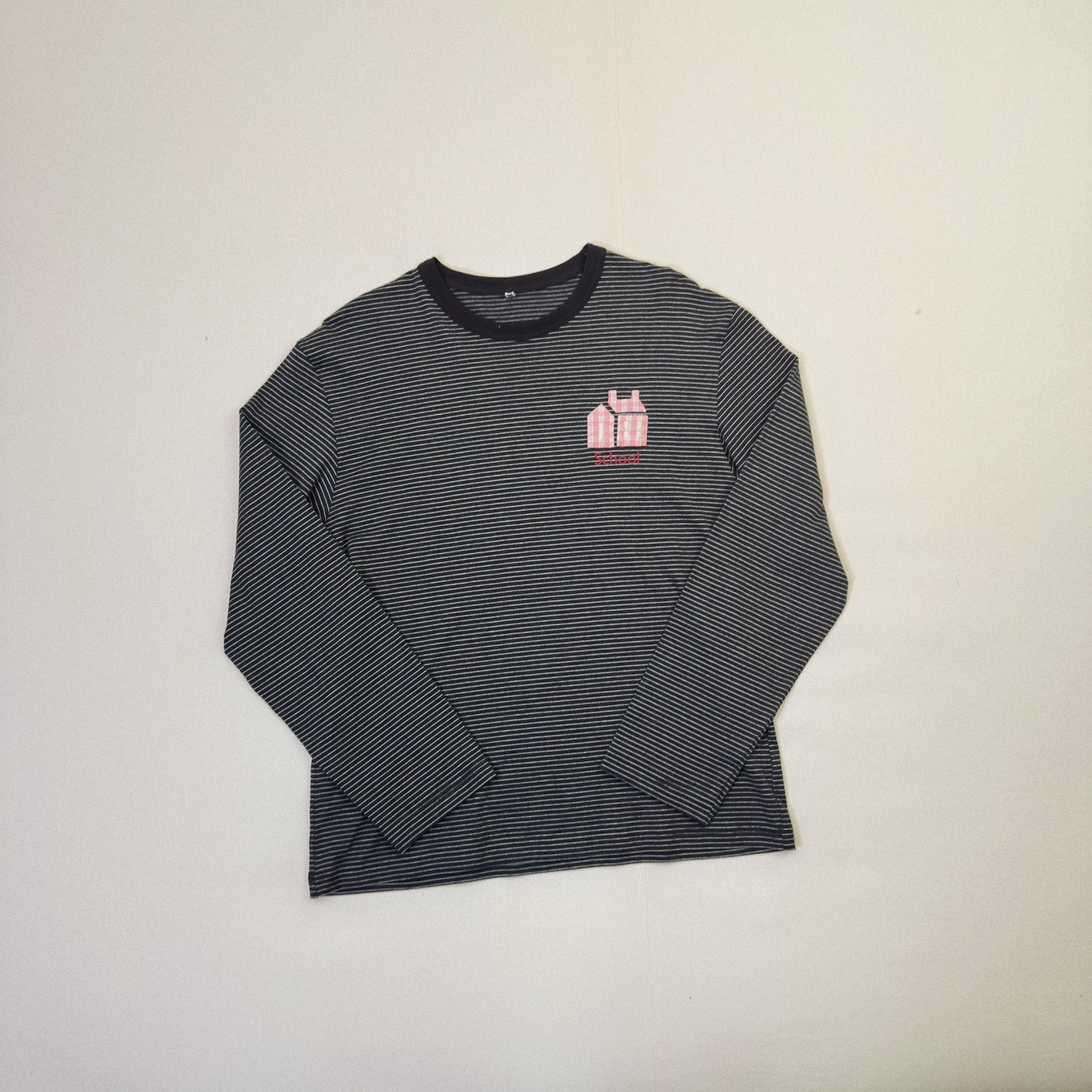 Hand-Embroidered Stripe Long Sleeve T-Shirt Black