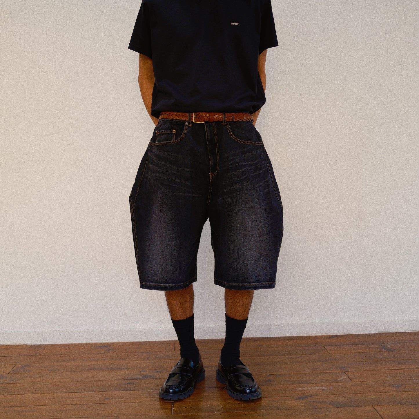 3D Cutting Half Denim Pants 　Black