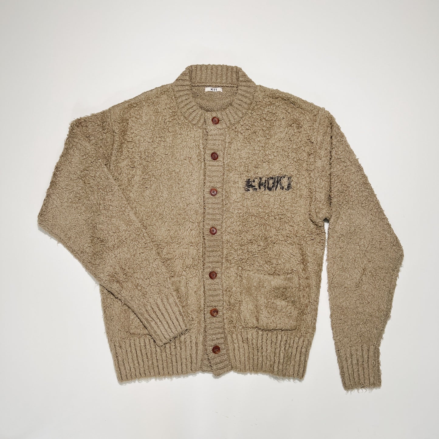 Embroidery-design crew-neck cardigan Khaki