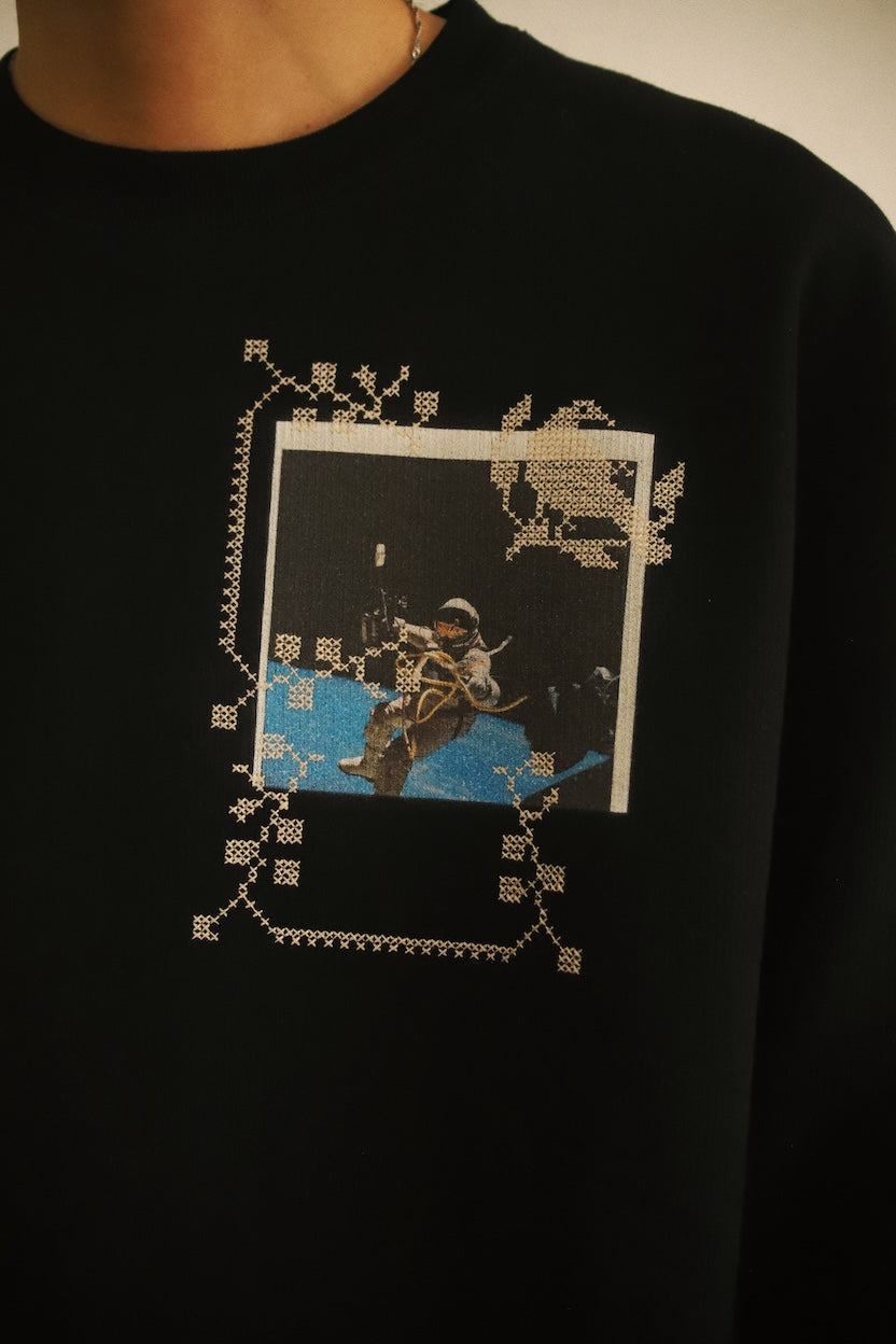 Embroidery and print design sweat shirt Black