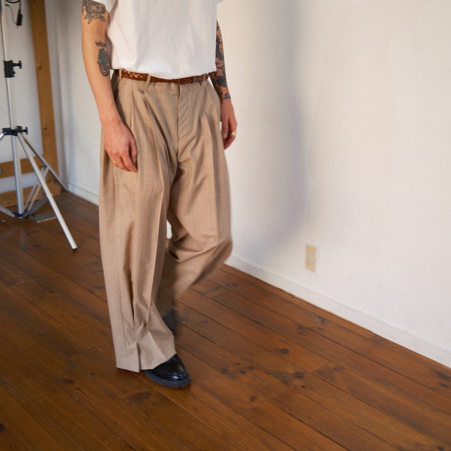 Pleated Stripe Summer Wool Pants　Beige