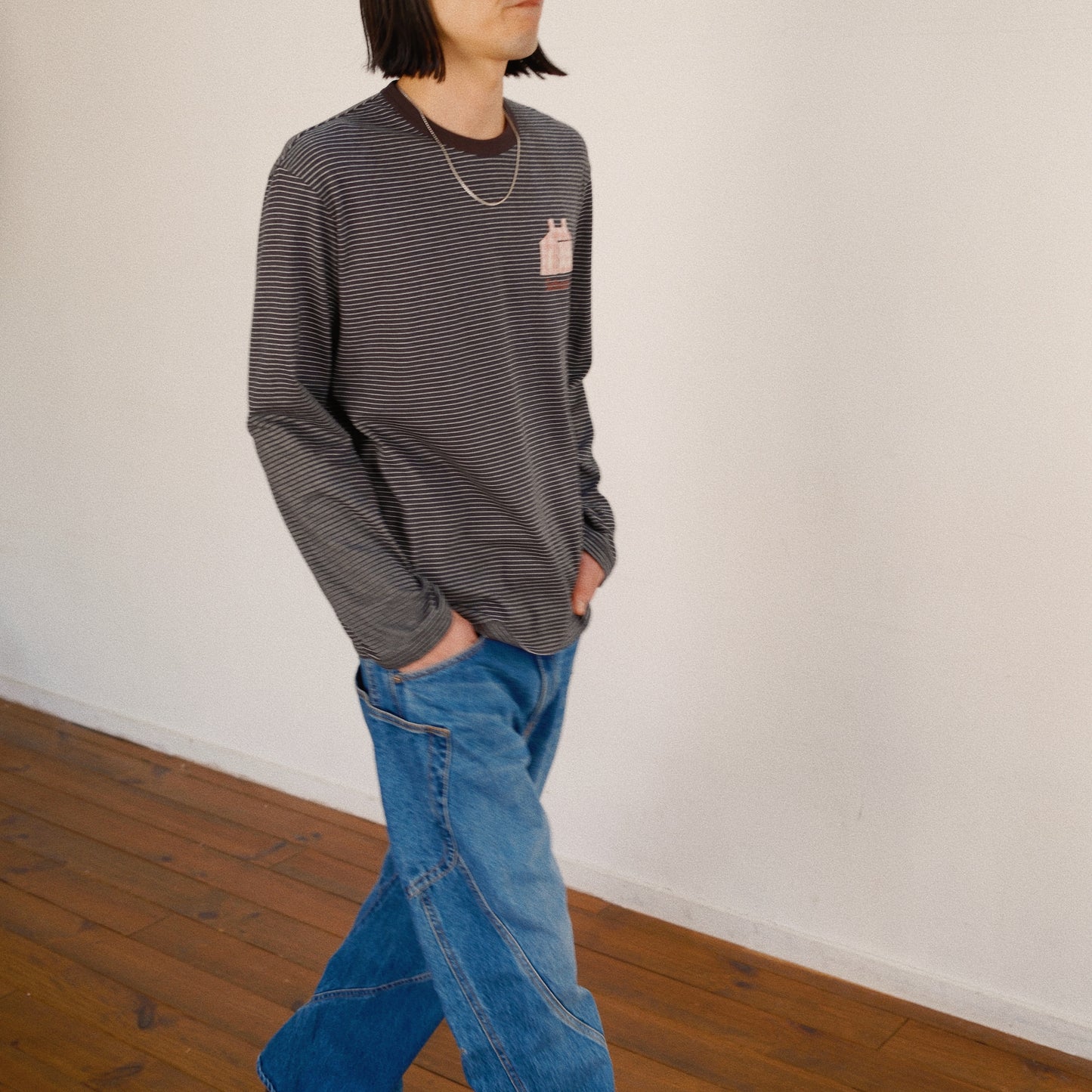 Hand-Embroidered Stripe Long Sleeve T-Shirt Black