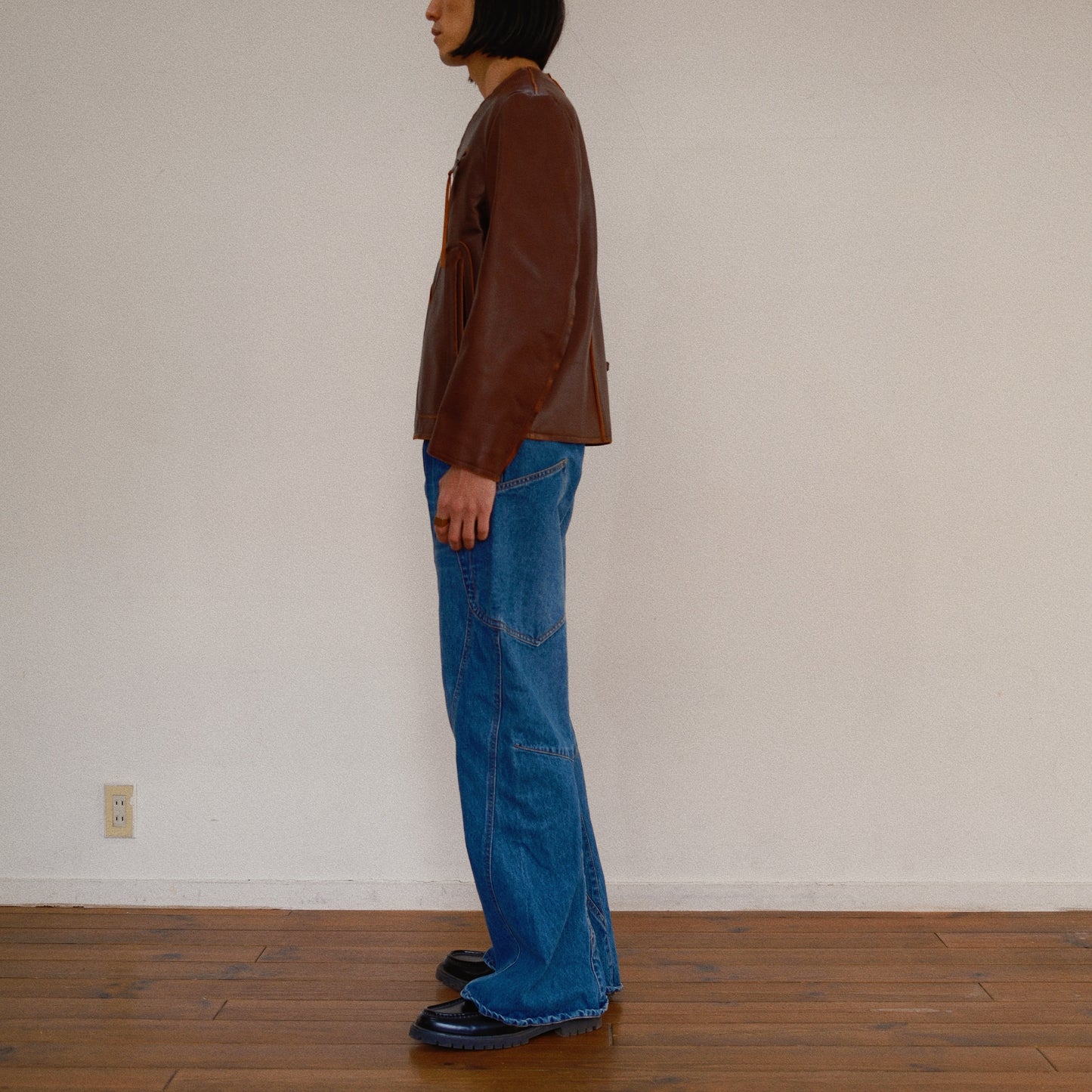 No Collor Letther Jacket Brown jk-08