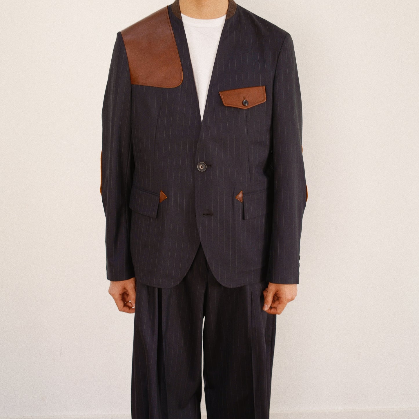 Leather-Patch No-Collar Jacket Black