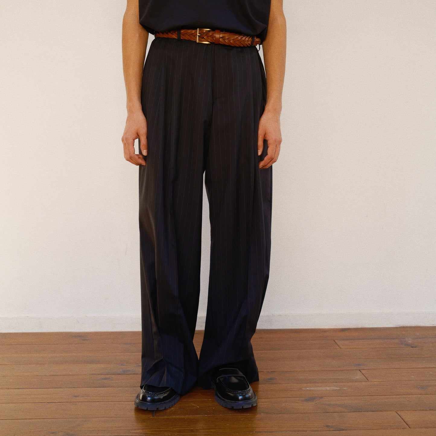 Pleated Stripe Summer Wool Pants　Black