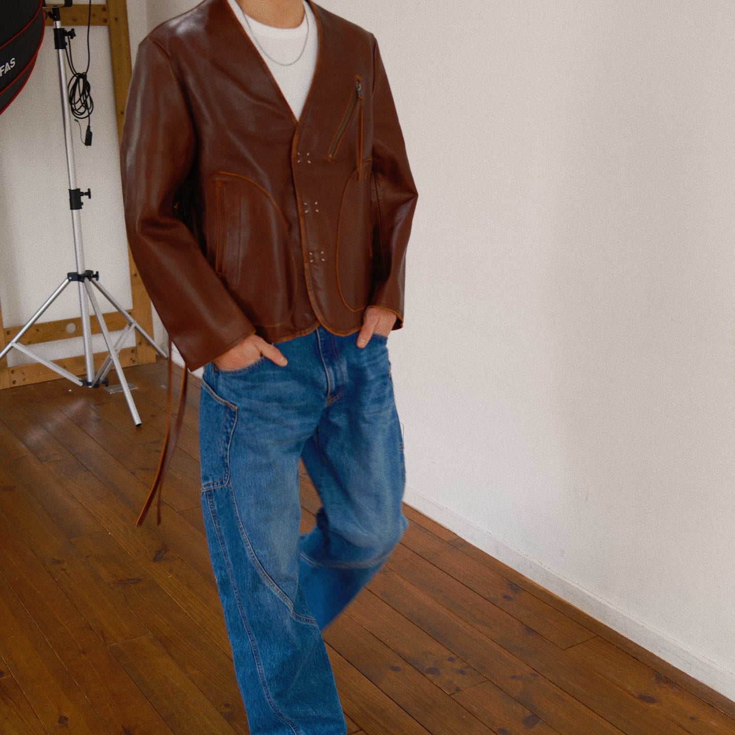 No Collor Letther Jacket Brown jk-08