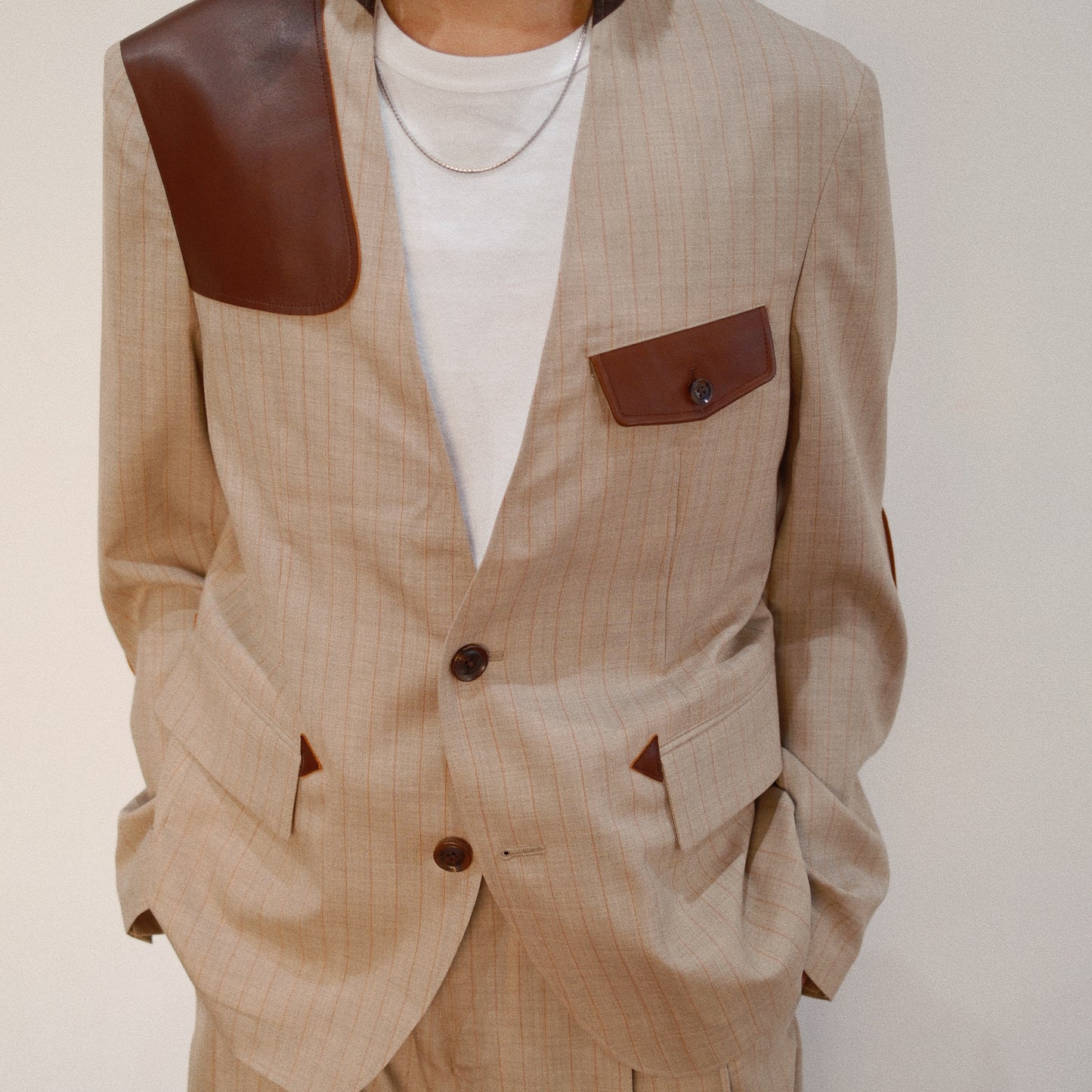 Leather-Patch No-Collar Jacket Beige