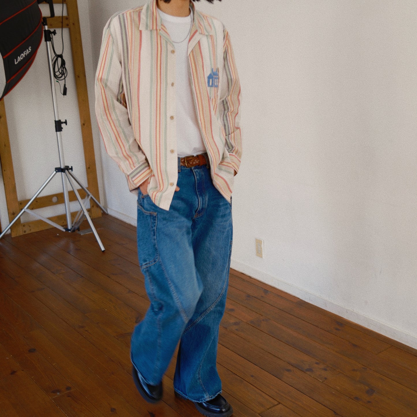 Hand-Embroidered Stripe Shirt  white