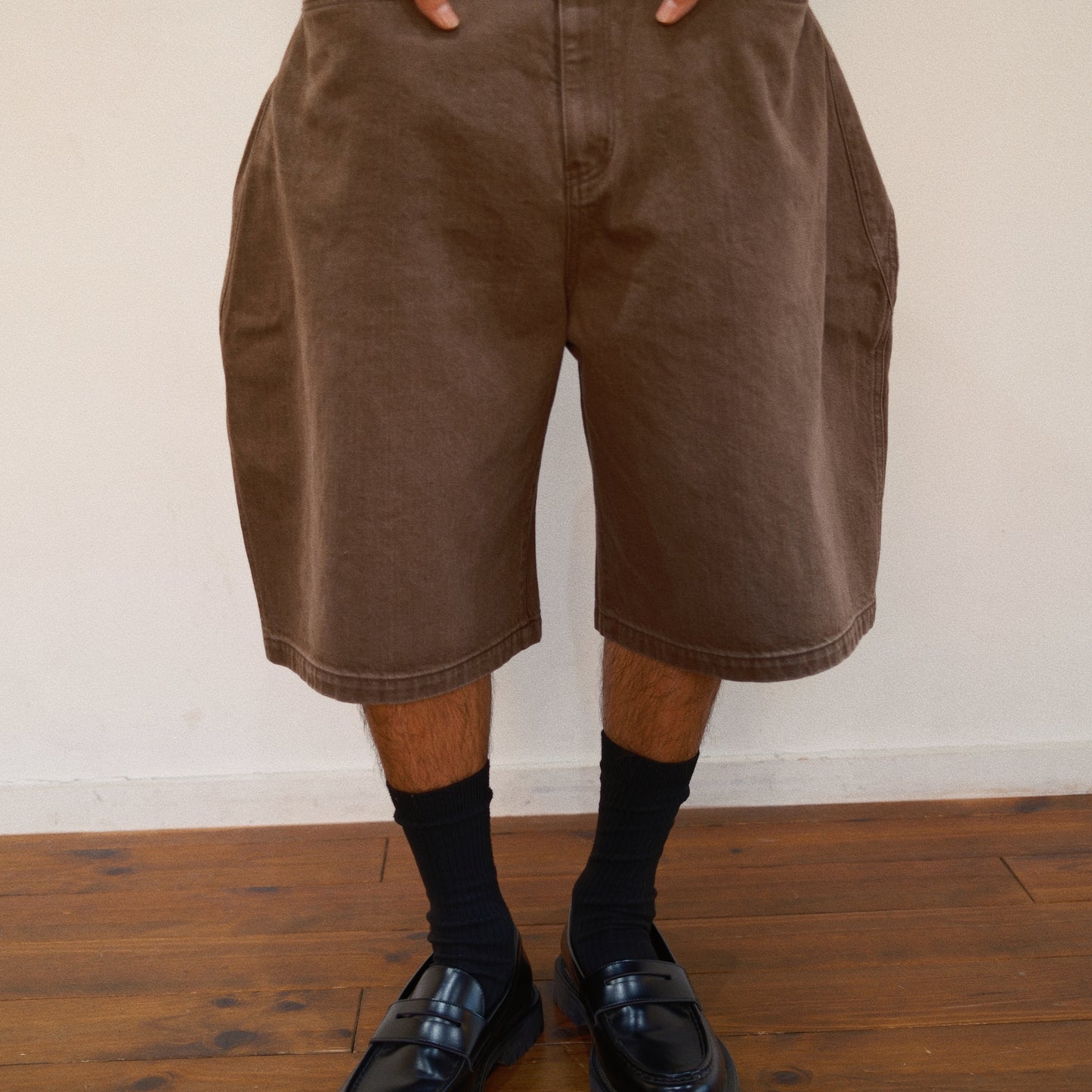 3D Cutting Half Denim Pants Brown