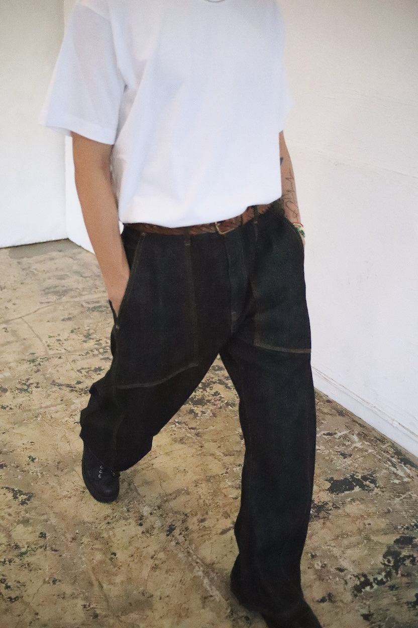 3D cutting denim pants Black
