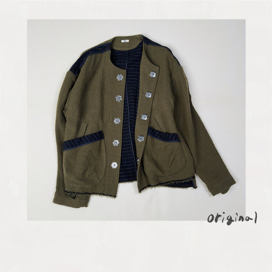 No-collar wool jacket Khaki