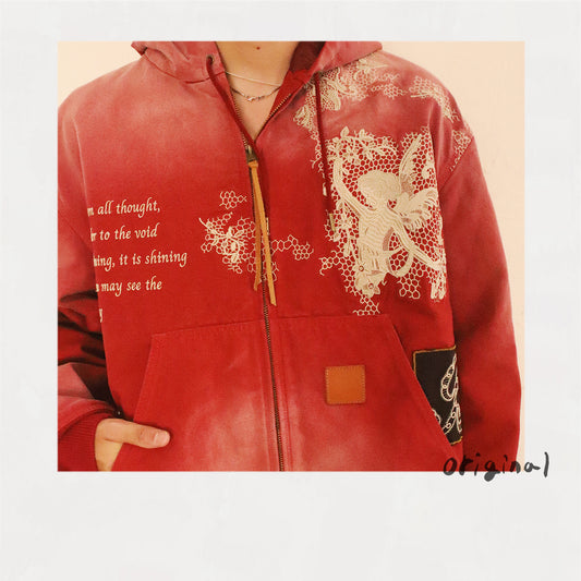 Vintage-eﬀect embroidered jacket Red