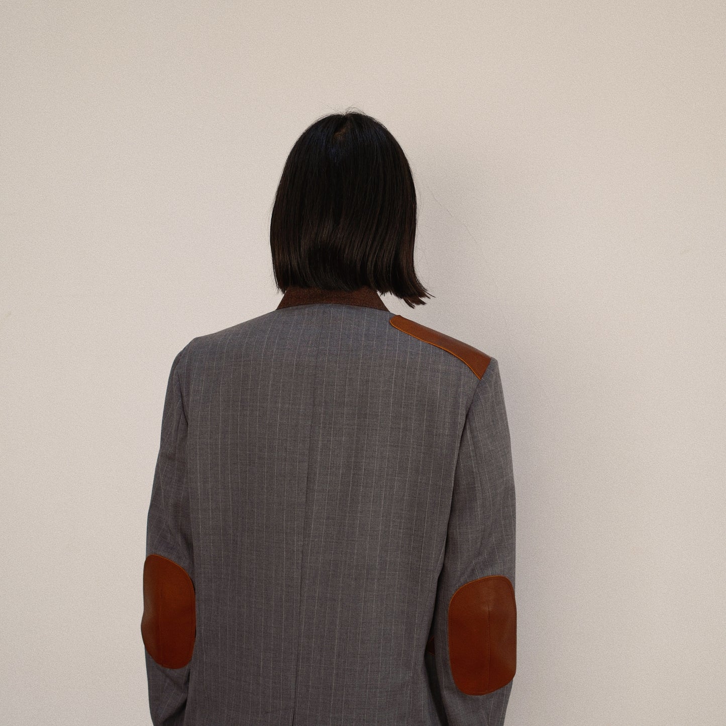 Leather-Patch No-Collar Jacket Gray