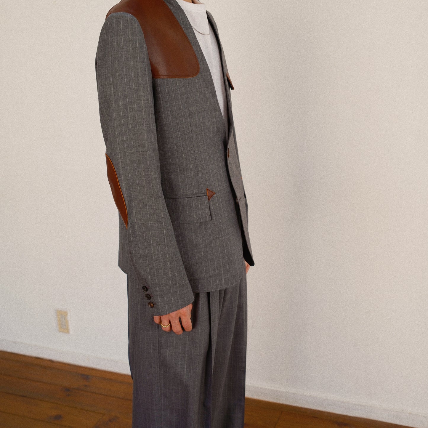 Leather-Patch No-Collar Jacket Gray