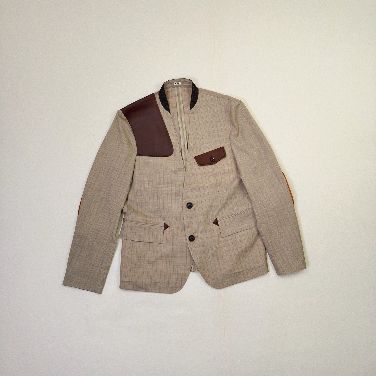 Leather-Patch No-Collar Jacket Beige