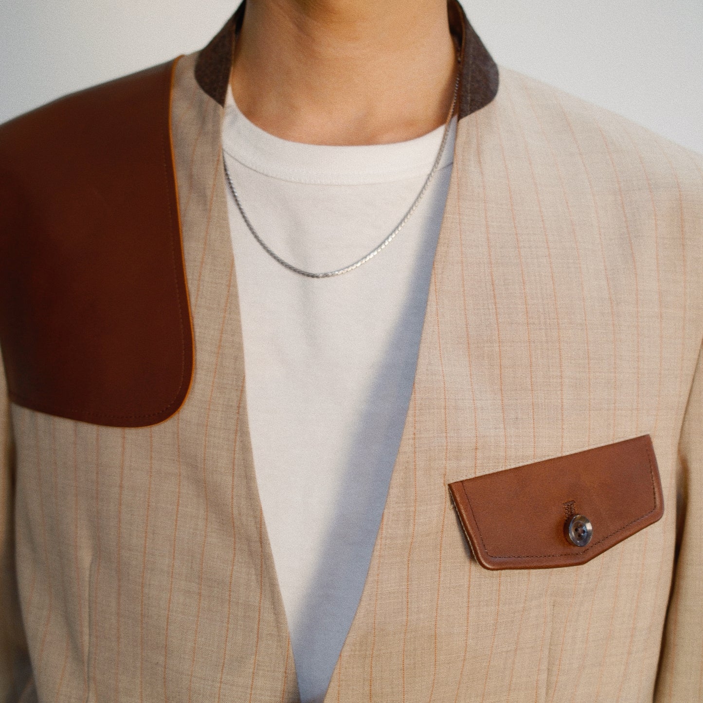 Leather-Patch No-Collar Jacket Beige