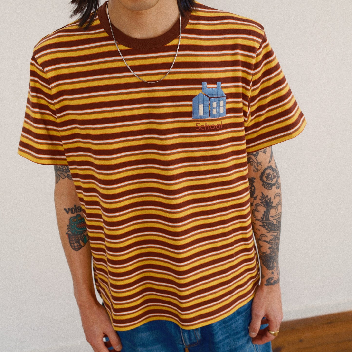 Hand-Embroidered Stripe T-Shirt Brown