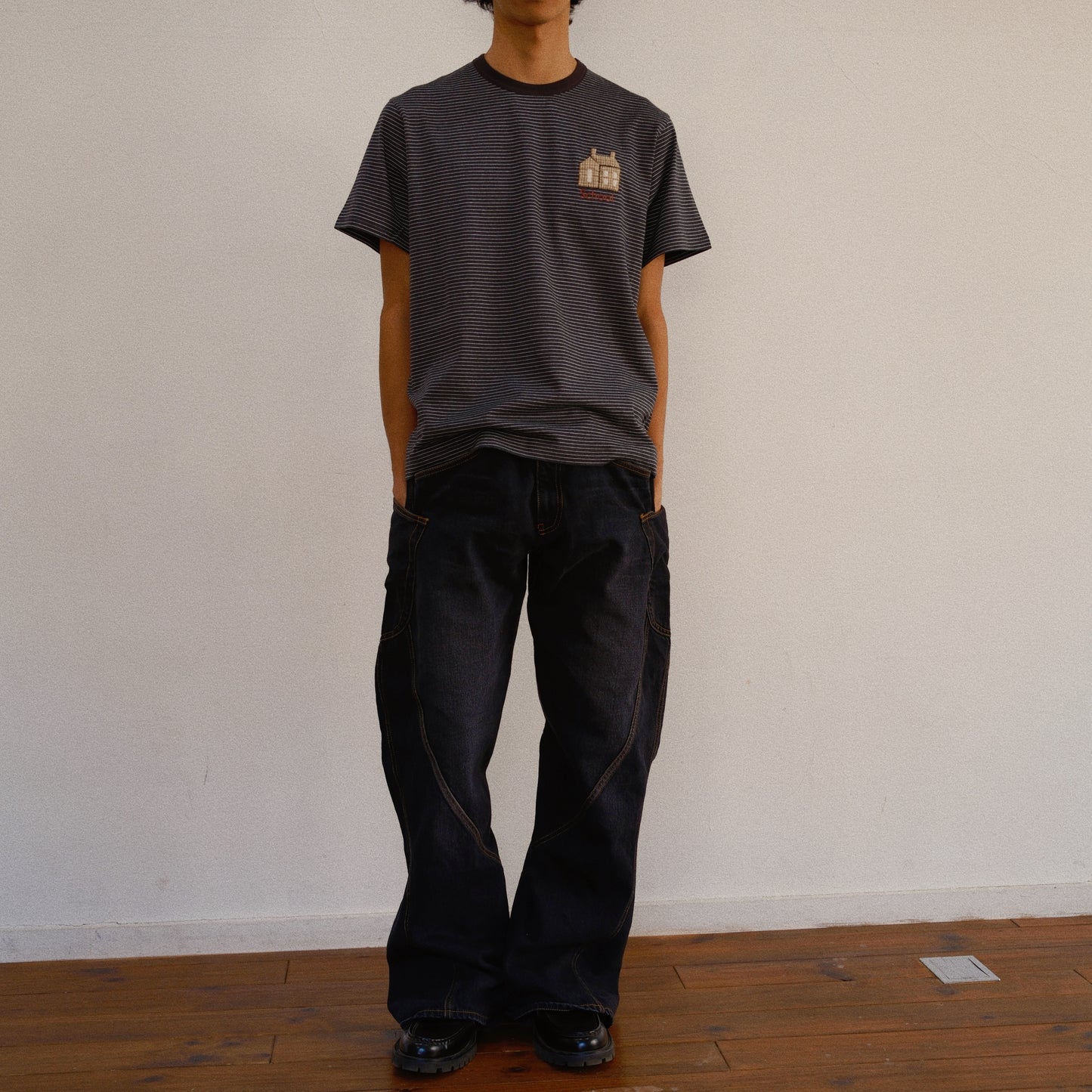 Hand-Embroidered Stripe T-Shirt Black