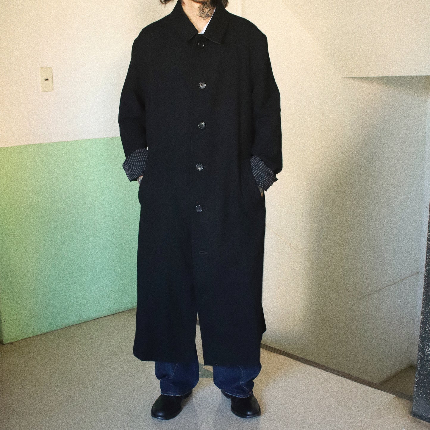 Washed wool coat Black