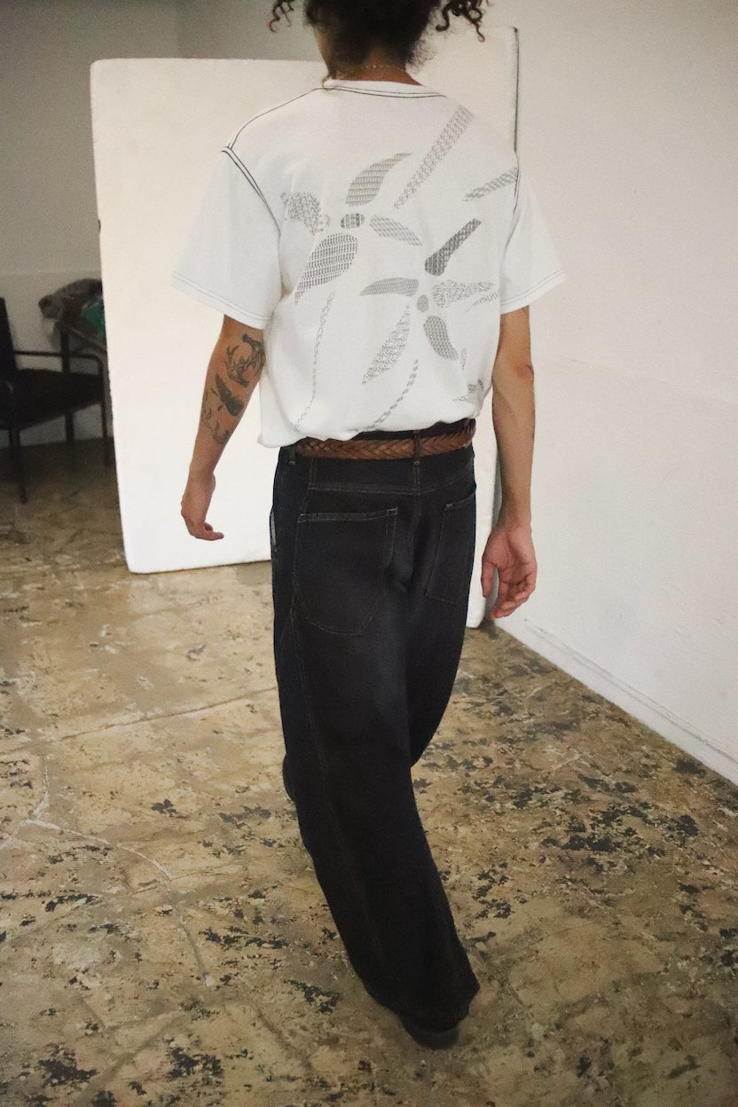 3D cutting denim pants Black