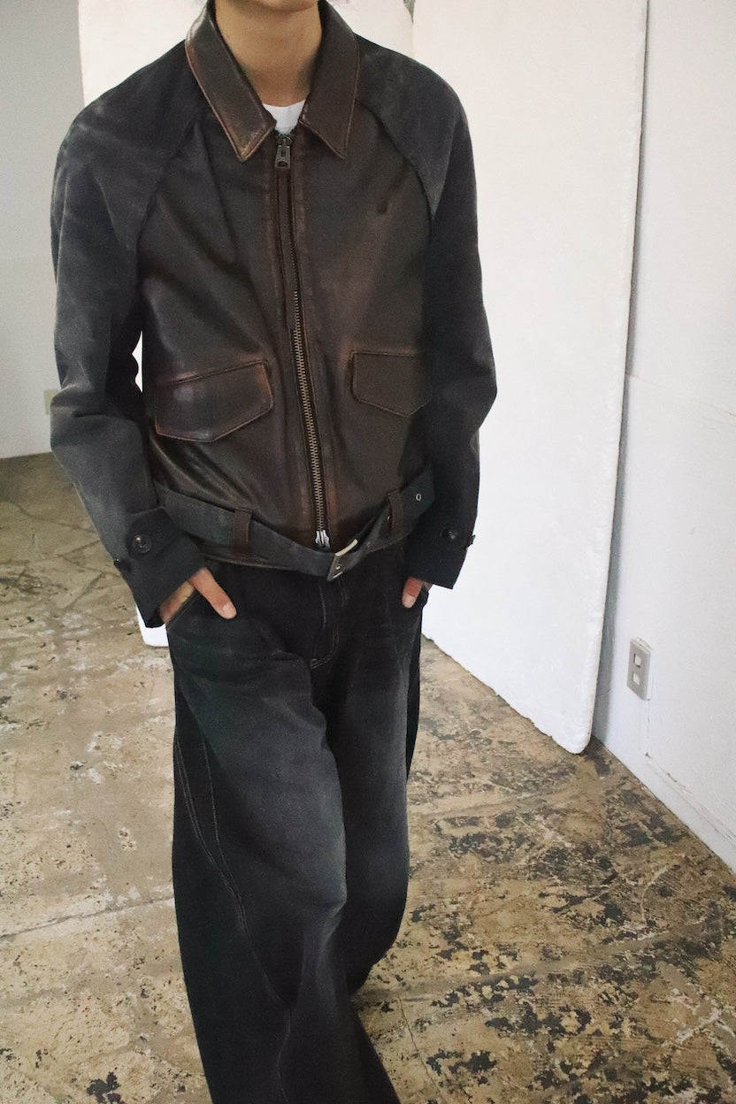 Vintage-eﬀect leather jacket Black