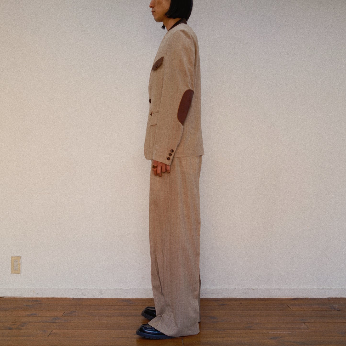 Leather-Patch No-Collar Jacket Beige