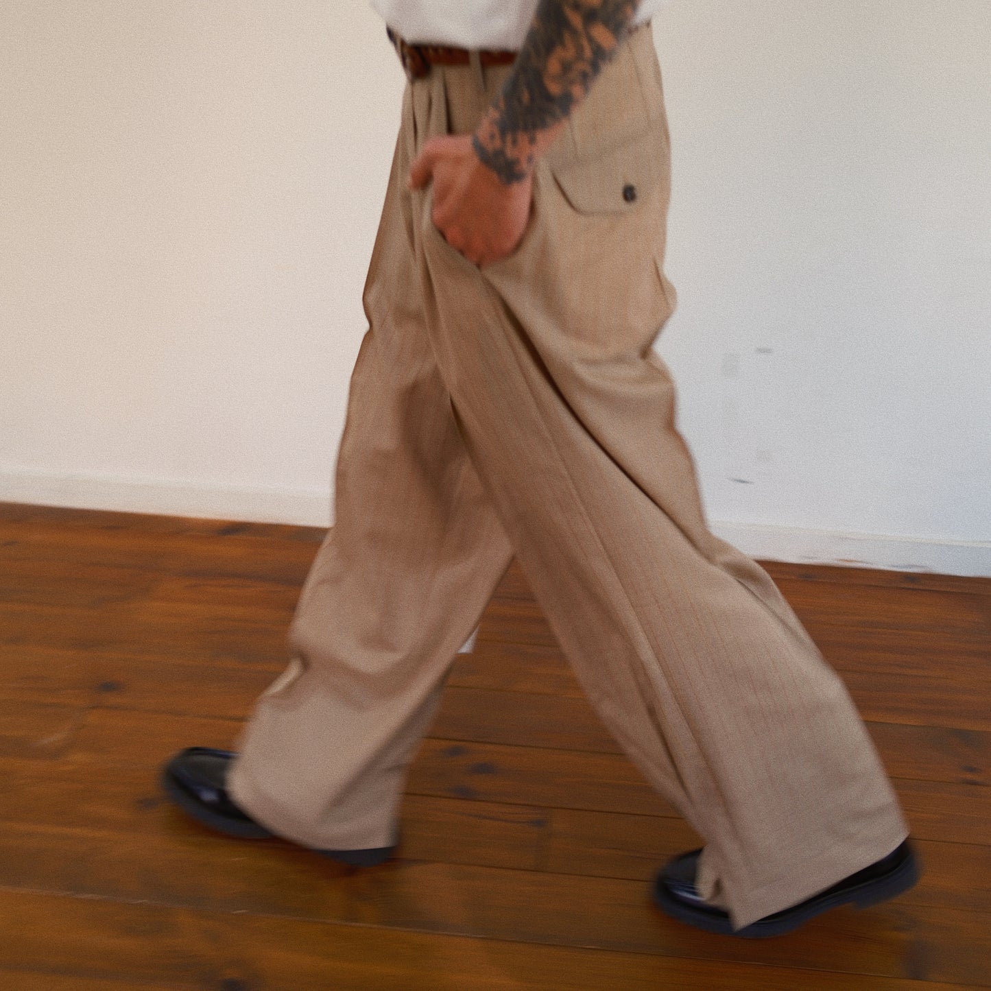 Pleated Stripe Summer Wool Pants　Beige
