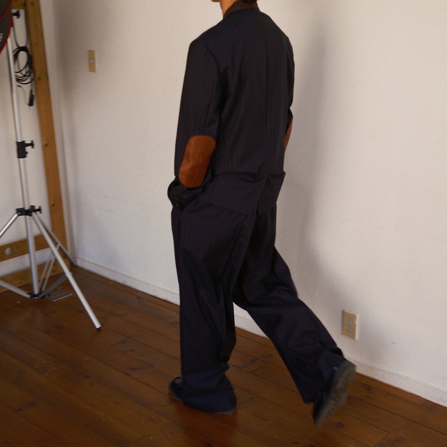 Leather-Patch No-Collar Jacket Black