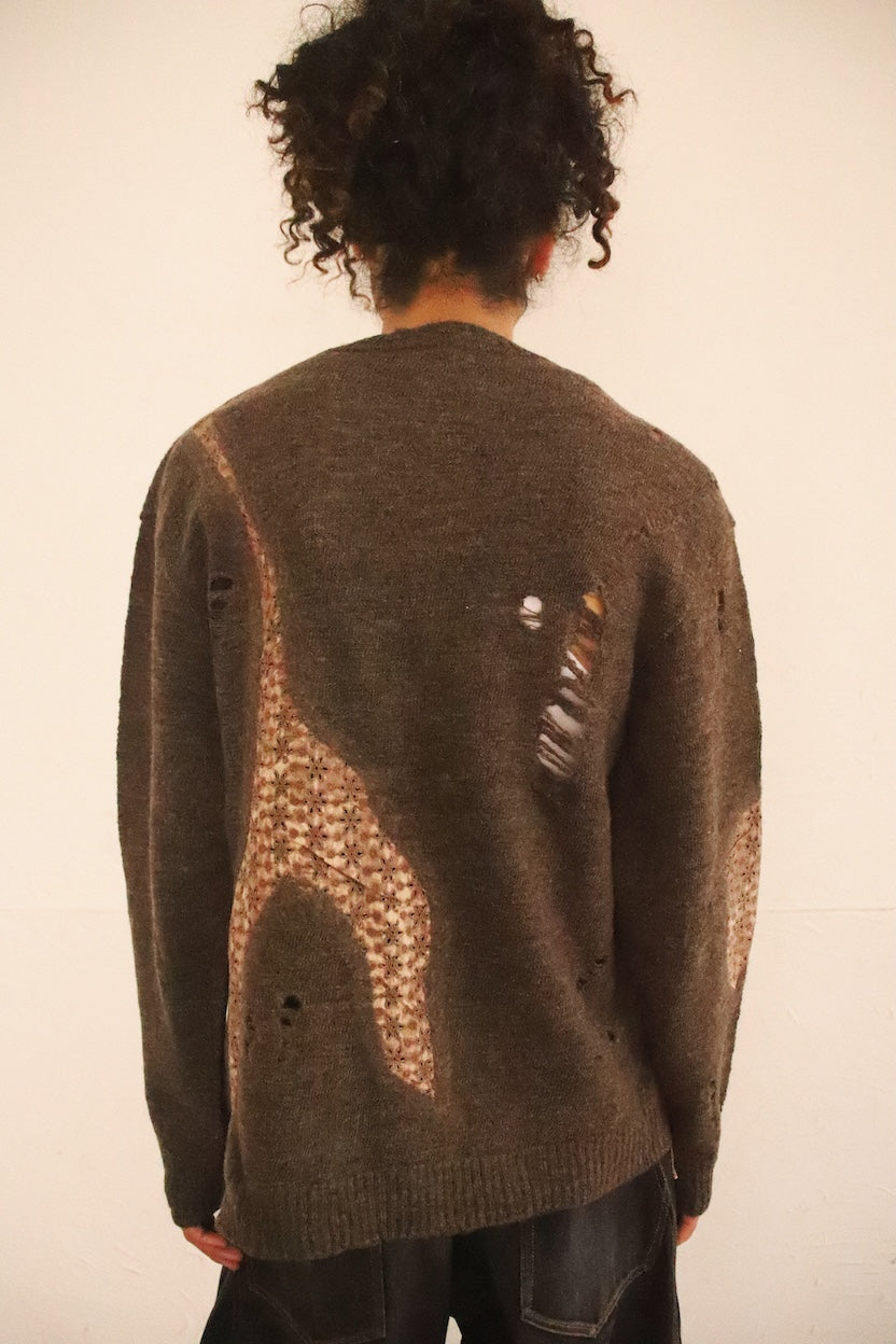 Needle punched lace cardigan Brown