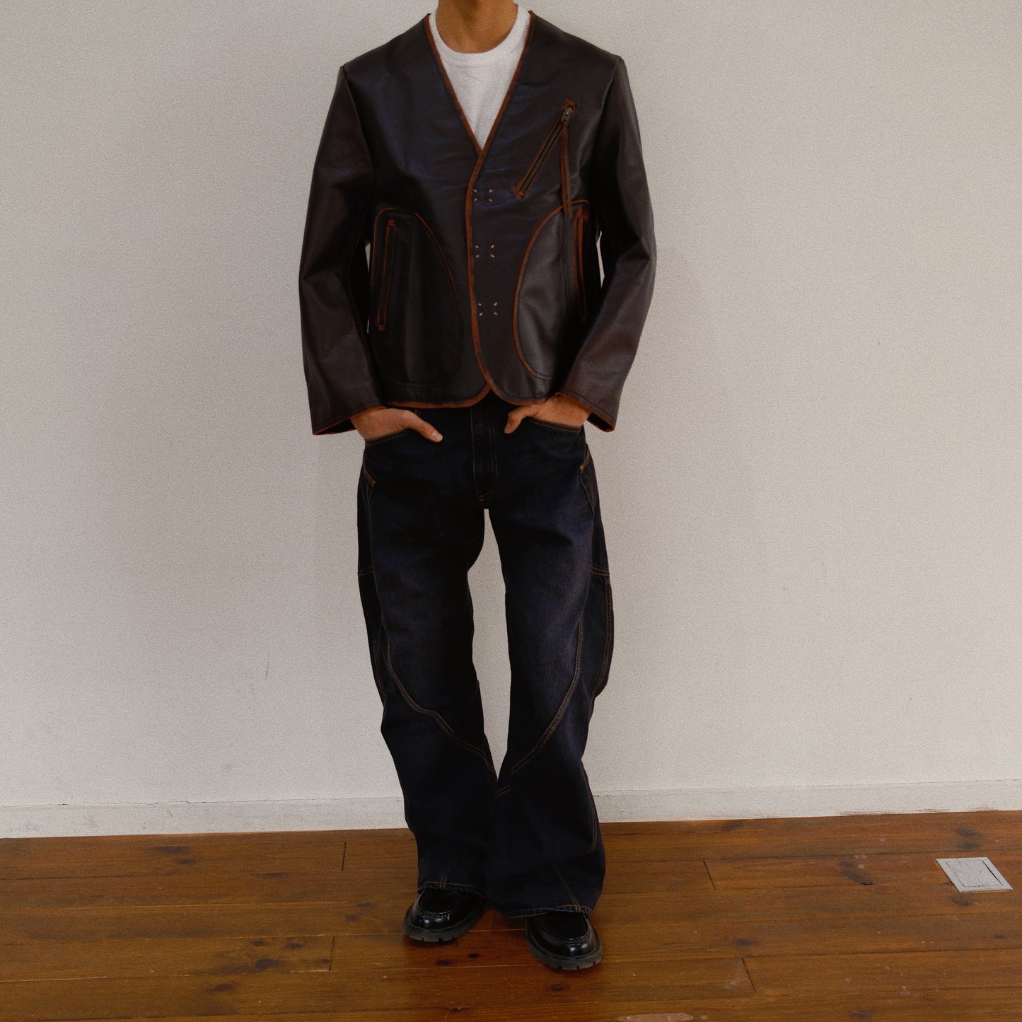 No Collor Letther Jacket Black