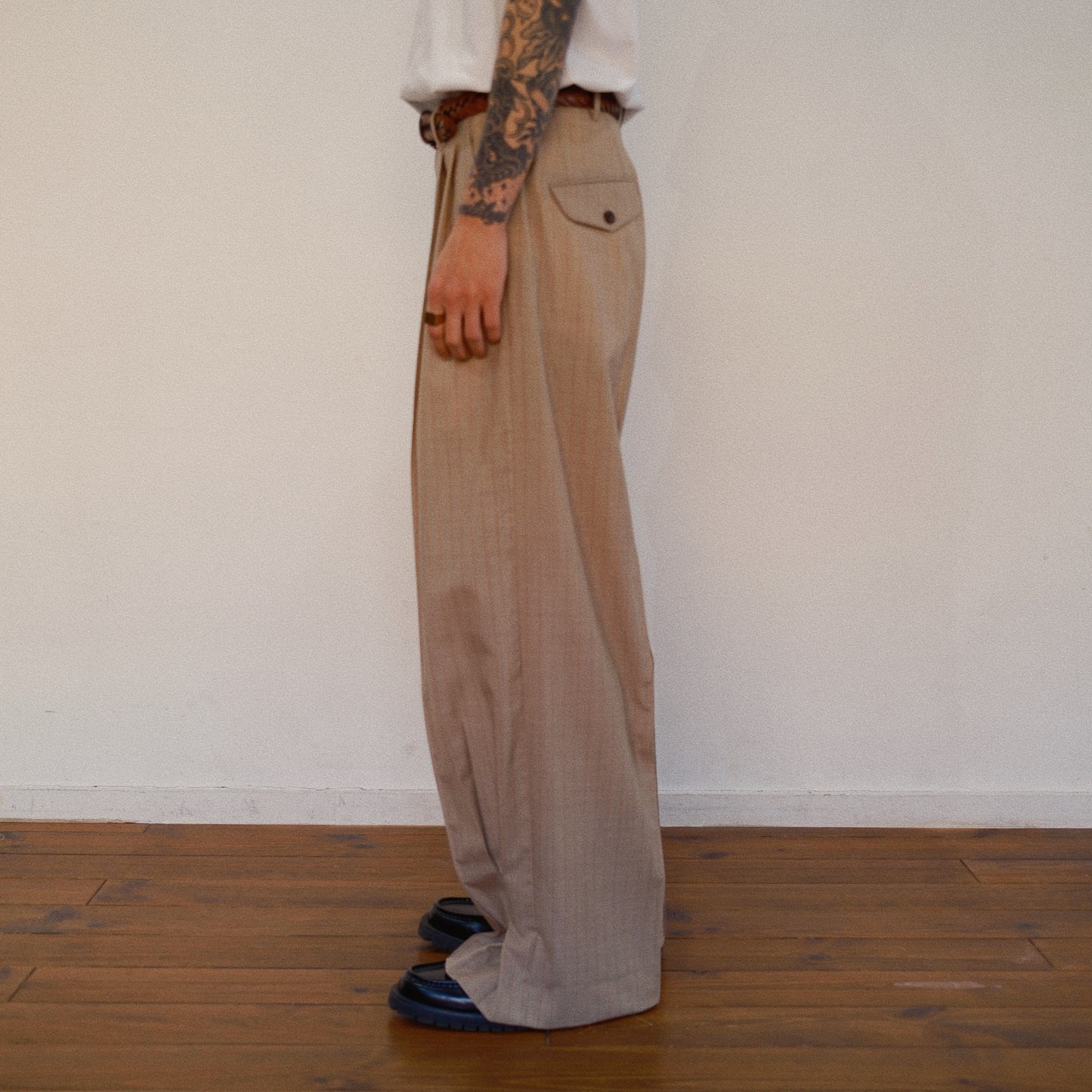 Pleated Stripe Summer Wool Pants　Beige