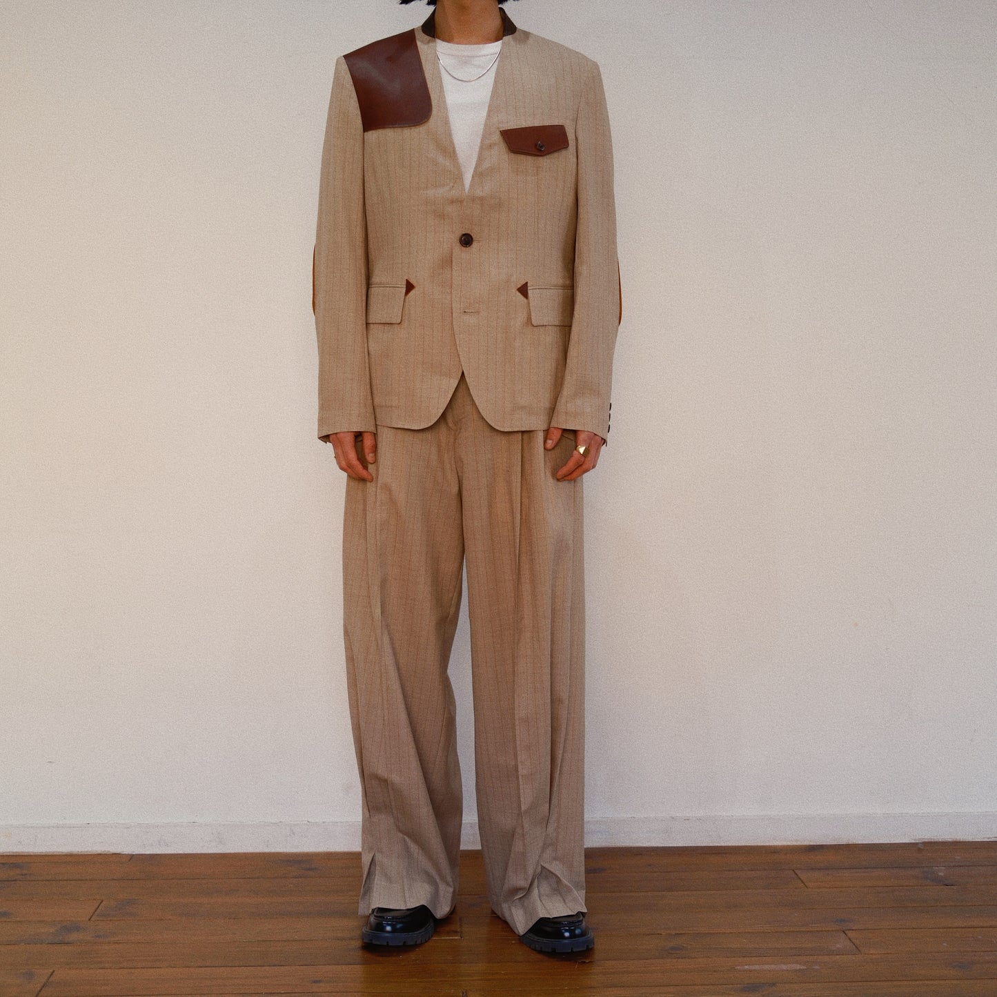 Leather-Patch No-Collar Jacket Beige