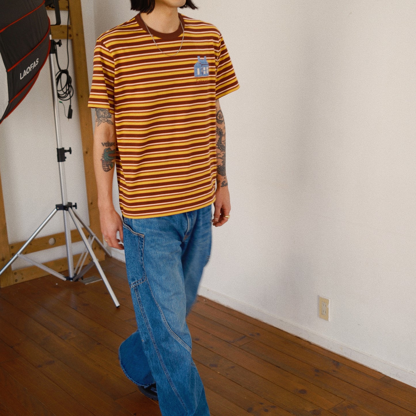 Hand-Embroidered Stripe T-Shirt Brown