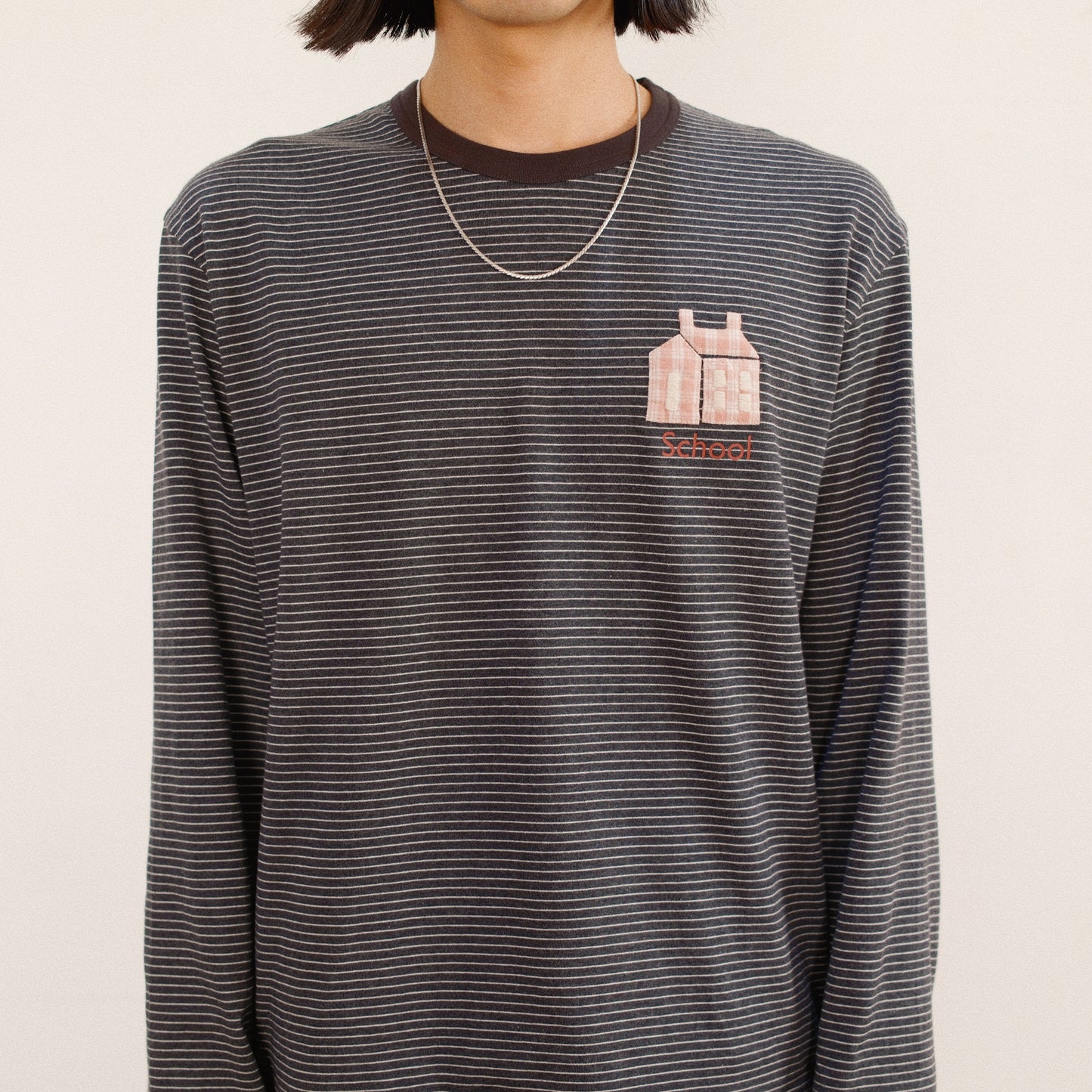 Hand-Embroidered Stripe Long Sleeve T-Shirt Black